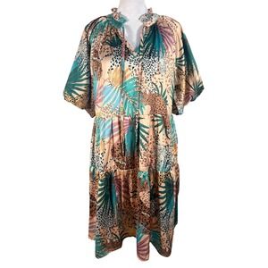 Entro Tiered Midi Dress Womens Large Tan Multi Tropical Cheetah Satin